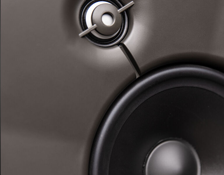 A close up image of a tweeter and woofer