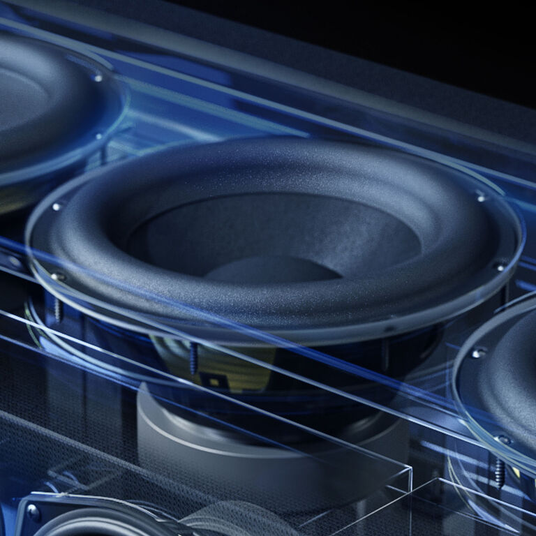 Built-In 8&rdquo; Powered Subwoofer for full-range impact