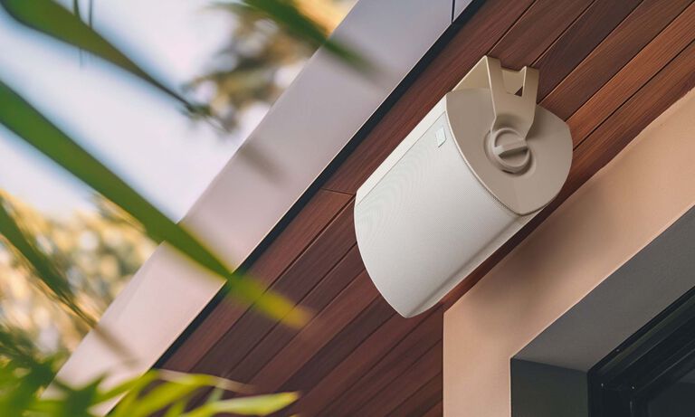 Speaker installed hanging from a roof.